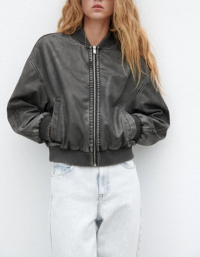 Veala | Vintage Leren Bomber Jas - Vrouwentrend