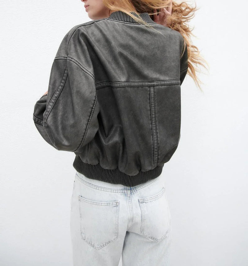 Veala | Vintage Leren Bomber Jas - Vrouwentrend